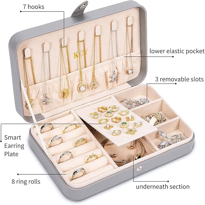 KCY Travel Jewelry Organizer Box for Women Girls, Small Travel Jewelry Case, PU Leather Portable Jewellery Storage Boxes Display Holder for Ring Earrings Necklace Bracelet Bangle, Gifts,Grey