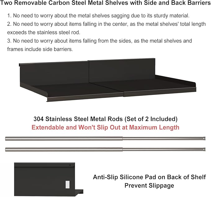 SHINEWON Expandable Under Cabinet Shelf Organizer with 0.94-Inch Thick Clips, Heavy Duty Extendable Under Shelf Storage Basket for Pantry or Laundry Room, Black, 2 Pack, Interior: 5.7" H x 8.54" D