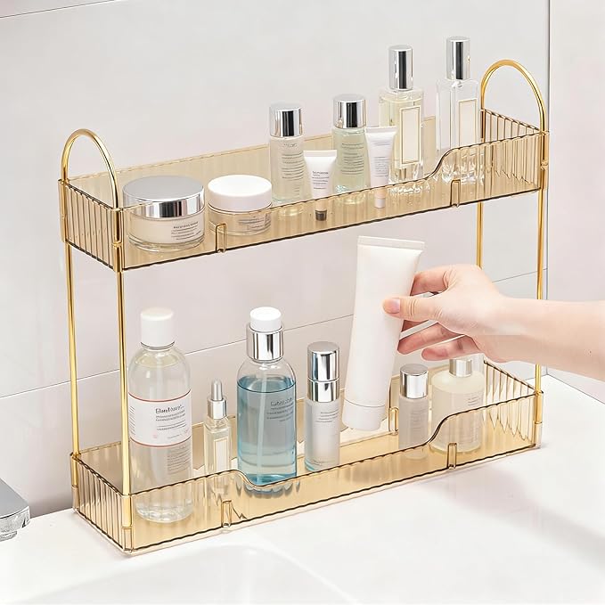 Bathroom Countertop Organizer, 2-Tier Slim Vanity Storage Rack for Bathroom Sink, Narrow Counter Organizer for Toiletries Skincare Perfume with Gold Plastic Trays, Gold