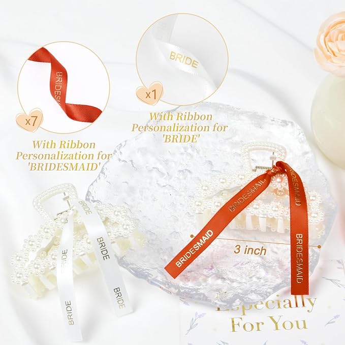DEEKA Bridesmaid Proposal Gifts 8 Pack Pearl Bridesmaid Hair Claw Clips with Ribbon 3 Inch Hair Clips Bachelorette Party Favors Bridal Party Present Hair Accessories (Half Circle White&Orange)