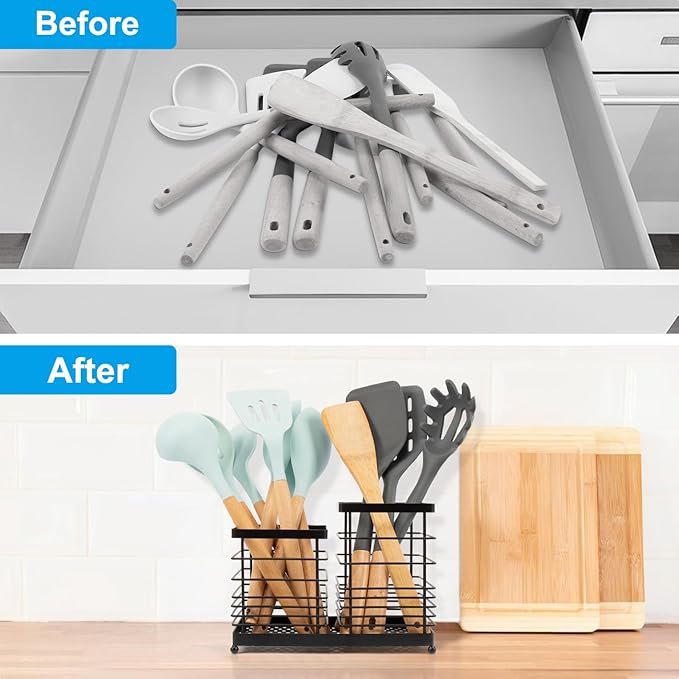 Utensil Holder for Countertop, Stainless Steel Kitchen Holder, 2-In-1 Spoon Spatula Holder for Kitchen Counter, Large Wire Utensils Organizer, Black Cooking Tool Holder Storage Crock (2 Compartment)
