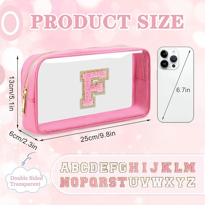 Small Clear Personalized Initial Makeup Bag,Nylon Preppy A-Z Chenille Letter Patch Cosmetic Pouch Beach Toiletry Bag,Waterproof Zipper Travel Purse Storage Bag Organizer for Women Girls(Pink-Pink F)