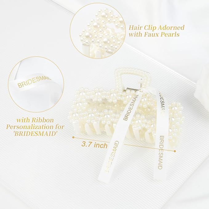 DEEKA Bridesmaid Proposal Gifts 8 Pack Pearl Bridesmaid Hair Claw Clips with Ribbon 3.7 Inch Large Hair Clips Bachelorette Party Favors Bridal Party Present Hair Accessories (Rectangle L)