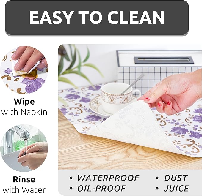 12X120 Inch Shelf Liner for Kitchen Cabinets, PVC Drawer Liner for Dresser Non-Slip Bathroom, Non-Adhesive Cabinet Liner Washable (Purple Floral)(1 Roll)