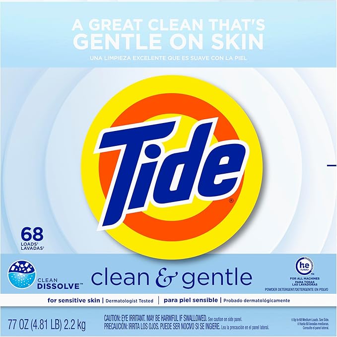 Tide Clean and Gentle Powder Laundry Detergent, Unscented, 68 Loads, 77 oz (Pack of 3)