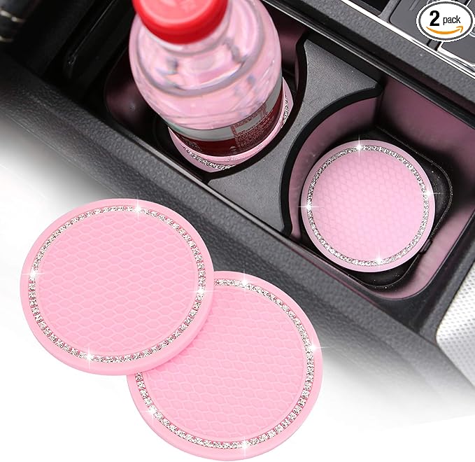 2 Pack Bling Cup Holder Insert Coasters, 2.75 Inch Soft Crystal Rhinestone Rubber Pad Set Round Auto Drink Coaster Car Interior Accessories (Pink)