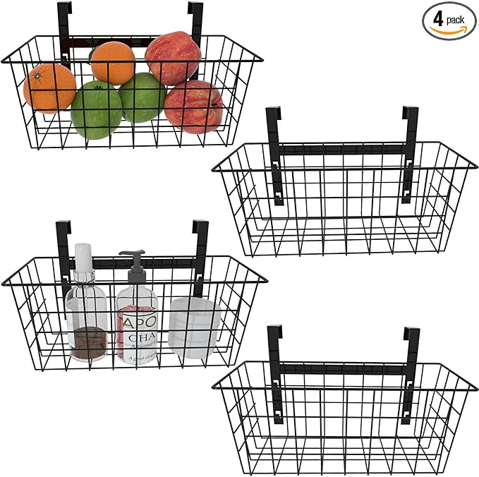MaraFansie Basket with Hook, Grid Storage Basket, Over the Cabinet Door Organizer, Wire Hanging Basket with Hook Over the Railing, Under Sink Kitchen Cabinet, Pantry, Bathroom, Black, 4 Pack