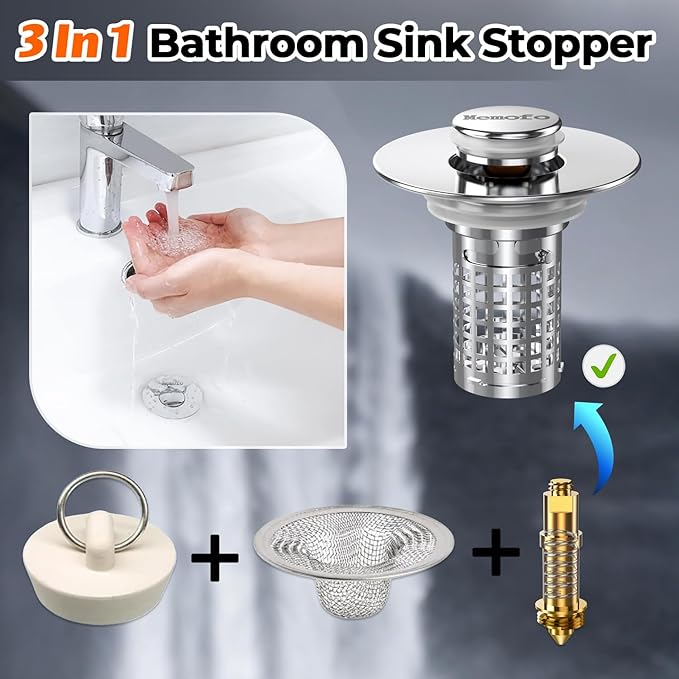 Bathroom Sink Stopper, Stainless Steel Pop-up Sink Stopper Hair Catcher with Removable Basket (2PCS)