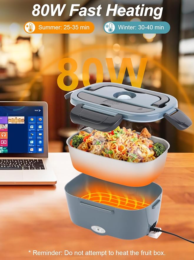80W Electric Lunch Box with Heating Time Controller, 1.5L Portable Food Warmer for Adults/Men/Work, 12V/24V/110V Heated Lunch Box for Car/Truck with Fork & Spoon and Insulated Bag