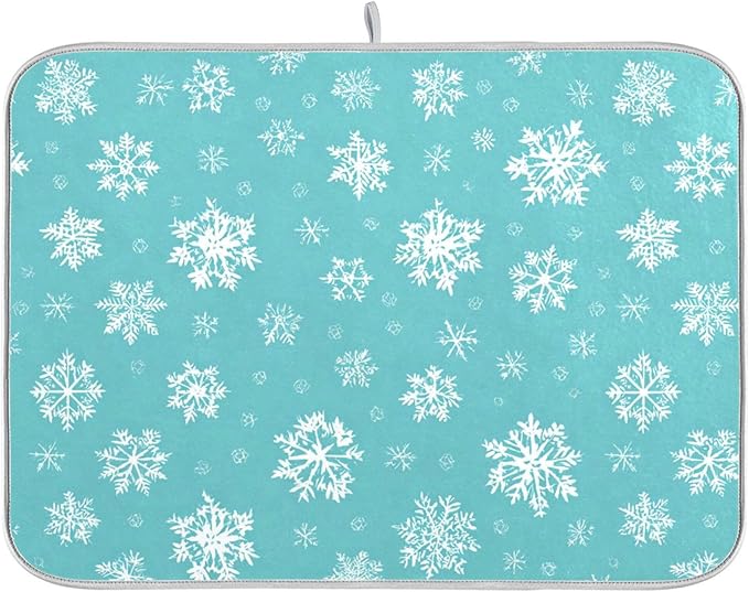Winter Snowflake Turquoise Dish Drying Mat for Kitchen Countertop 18x24 Christmas Snow Aqua Xmas Large Drying Mat Reusable Quick Dry Dish Sink Mats Easy Clean Decorative Essentials