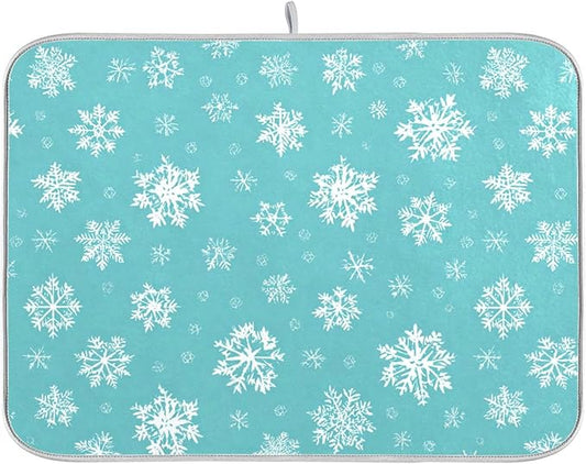 Winter Snowflake Turquoise Dish Drying Mat for Kitchen Countertop 18x24 Christmas Snow Aqua Xmas Large Drying Mat Reusable Quick Dry Dish Sink Mats Easy Clean Decorative Essentials
