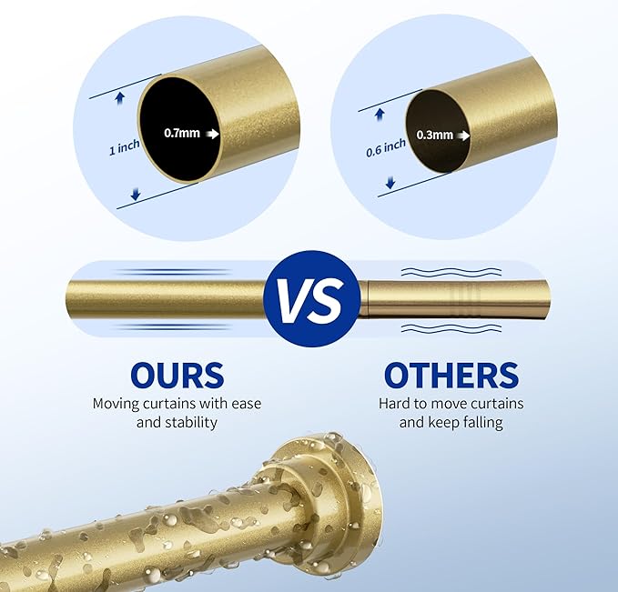 Mcrbeay Shower Curtain Rod, 1" Diameter Heavy Duty Tension Shower Rod, Non Slip Adjustable 28-74 inch No Drilling Shower Curtain Rods Spring Tension For Bathroom, Shower Stall, No Rust, Chrome Gold