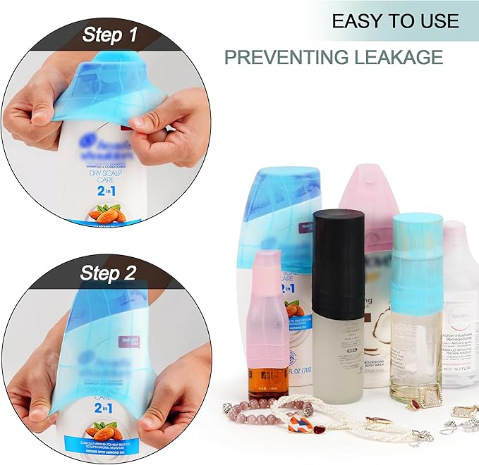Travel Hanging Toiletry Bag for Women and Men, with 8 Leak Proof Silicone Bottle Covers, Waterproof Makeup Accessories, Cosmetic Essentials, Toiletries Dopp Kit Set with Jewelry Organizer, Blue