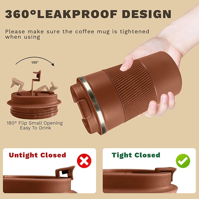 SPLMIFA Vacuum-Insulated Stainless Steel Travel Coffee Mug, Leak-Proof Reusable Coffee Cup with Lid-Keep Hot & Cold Drinks for Hours, Durable Insulated Tumbler for Men & Women(3rd-Light Coffee, 12OZ)