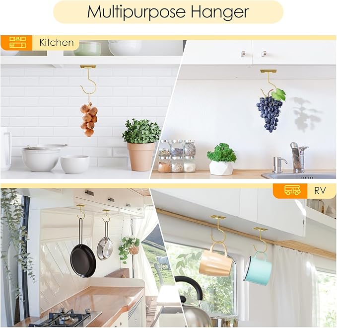 Self Adhesive Banana Hook Under Cabinet Foldable Banana Hanger Metal Under Counter Banana Hook to Keep Bananas Fresh Banana Holder for Kitchen RV Space Saving, Golden