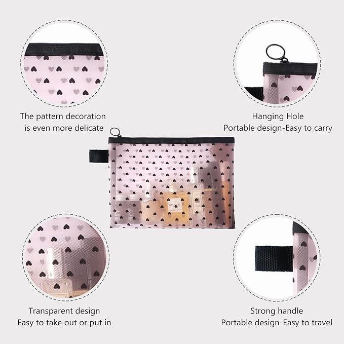 4-Piece Heart Printed Mesh Makeup Bag Set, Portable Travel Mesh Cosmetic Bags Toiletry Bags Makeup Purse Bags, Zipper Storage Pouches for Home Offices Travel Accessories (Pink)