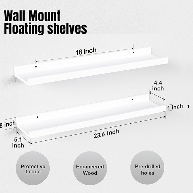23.6 Inches Long Floating Shelves, 2 Set Modern White Wall Shelf for Bedroom, Nursery Book Shelf with Lip, Picture Ledge Shelf for Living Room, Bathroom, Kitchen