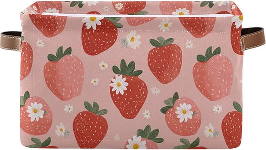 Aslsiy Storage Basket - Fresh Strawberry Pink Nursery Bins Baby Box Canvas Clothes Shelf Laundry Hamper Gift Basket for Home Closet - 1 Pcs