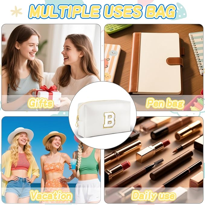 Gifts for Girls Initial Makeup Bag Personalized Cosmetic Bag with Zipper Cute Travel Toiletry Bags Waterproof PU Preppy Makeup Pouch Birthday Gift for Teen Girls Women(White B)