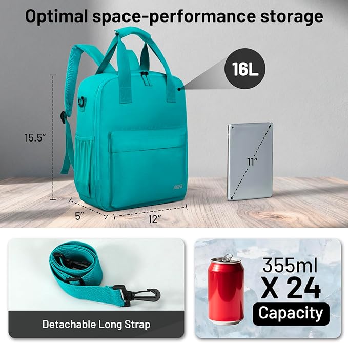 MIER Backpack Cooler 24 Cans Insulated Soft Cooler Bag with Detachable Double Decker Leakproof Lightweight Lunch Back Pack Women Men for Work Travel Picnic,Teal