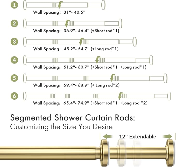 AmazerBath Spring Tension Shower Curtain Rod, 31-75 Inches Heavy Duty Tension Rod Rust Proof Bathroom Curtain Rod, Adjustable No Drill Easy Segmented Installation, Gold