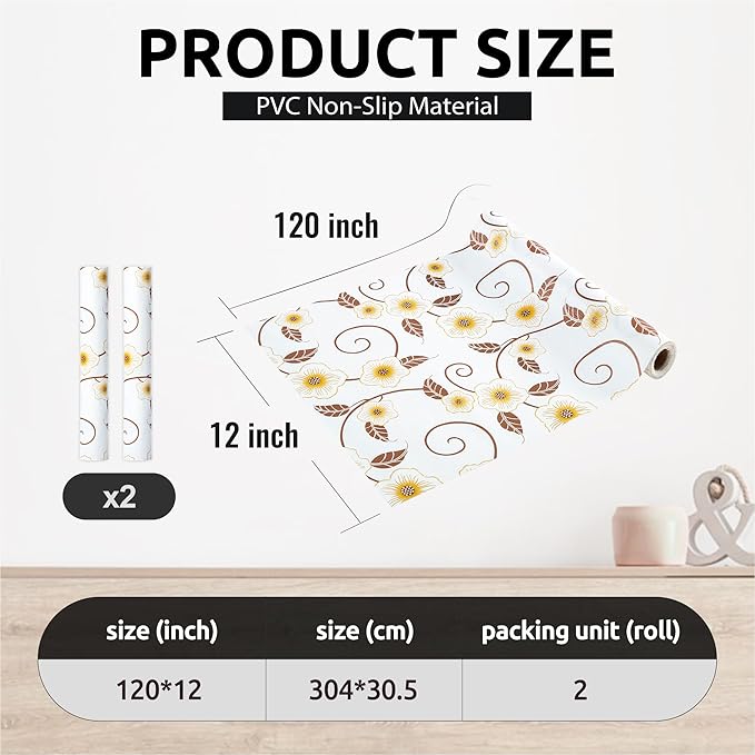 RAY STAR 12X120 Inch Shelf Liner for Kitchen Cabinets, Non-Adhesive Cabinet Liner Washable, PVC Drawer Liner for Dresser Non-Slip Bathroom (Yellow Flower)(2 Roll)