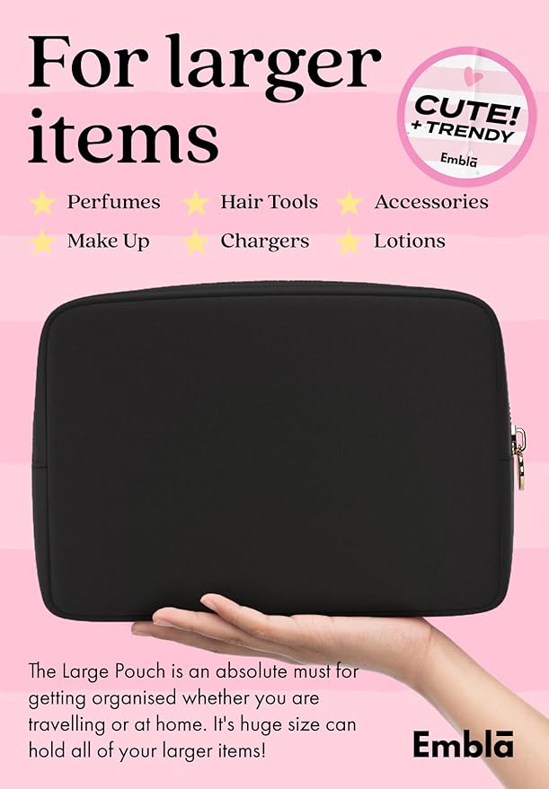 Embla Makeup Bag Travel Cosmetics Pouch and Toiletry Bag, Nylon Zipper Pouch Purse, Cute Make Up Organizer Storage Tote for Women Girls, Waterproof Travel Skincare Case, Large Makeup Bags, Black