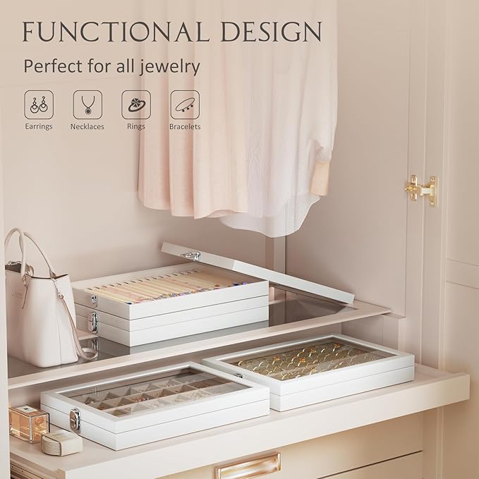 Lolalet Jewelry Organizer Tray with Lid, 100 Grids Velvet Ring Organizer Holder Storage Box for Drawer -Beige