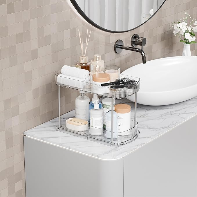 Yieach 2 Sets 2 Tier Pull Out Kitchen Under Sink Organizer and Clear Bathroom Undersink Organizers for Cleaning Products Storage,12.8 Inch Tall Sliding inder Cabinet Shelf,Under Counter Organization