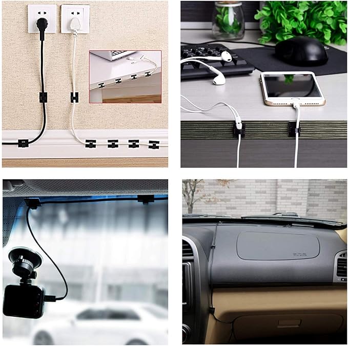 Cable Clips Self with 3M Adhesive Cord Organizer, Wire Holder Clamp Management Sticky for Desk Car Dash Cam Tables Wall, Black 30pcs