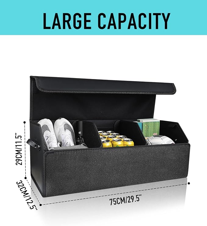 Fyzeoty Car Organizers for Trunk for SUV Sedan, Leather Storage Box, Extra Large, Magnetic Lid, Collapsible and Adjustable, S004, Black