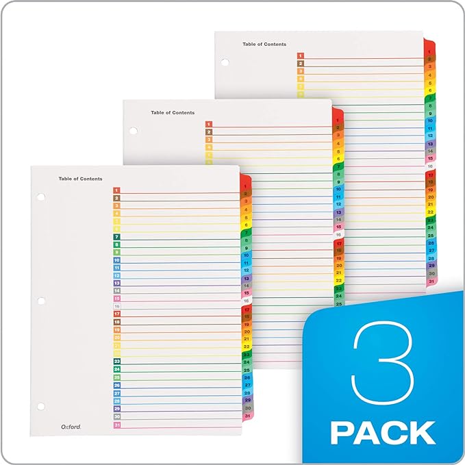 Oxford Binder Dividers, 31 Tabs, Numbered 1–31, 3 Pack, Customizable Table of Contents Page, Reversible Multicolor Tabs, 3-Hole Punched for Binders