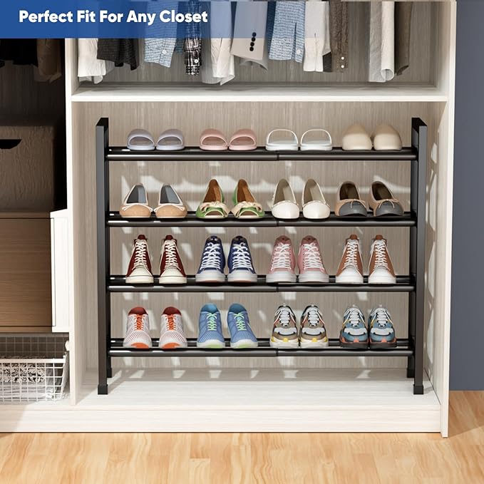 Abiglifty 5-Tier Expandable Shoe Rack,17"-33" Adjustable Shoe Rack for Closet,Metal Shoes Shelves for Front Door Entrance, Garage & Corridor, Free Standing Shoe Holders, Easy to Assemble,Black