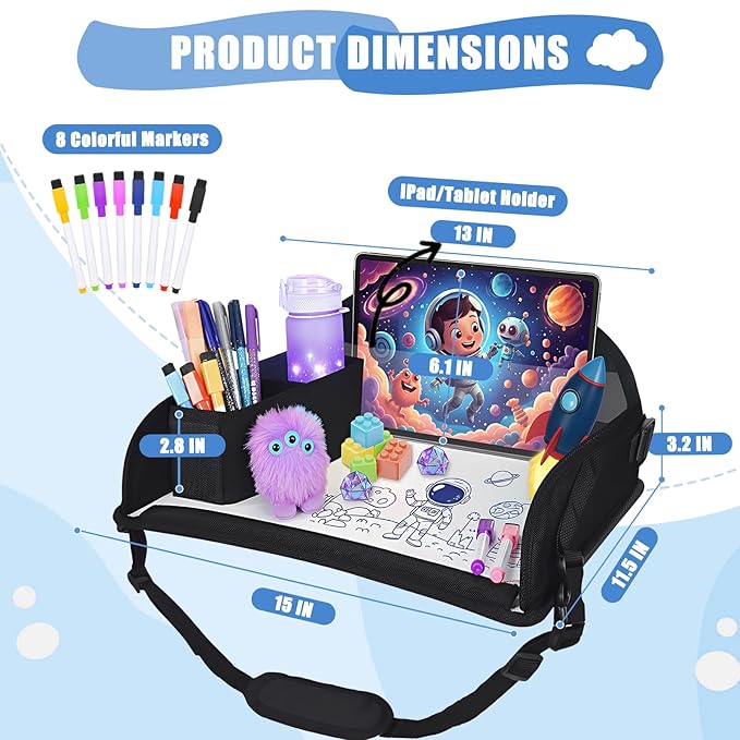 Upgraded Kids Travel Tray for Airplane - Toddler Car Seat Table Tray, Road Trip Essentials for Boys & Girls, Carseat Lap Desk for Kids Road Trip Activities, Black