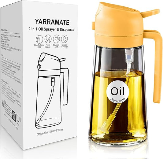 YARRAMATE 16oz/470ml Glass Olive Oil Sprayer for Cooking with Stickers, 2 in 1 Oil Dispenser for Kitchen Gadgets, Food Grade Premium Spray Bottle with Portion Control for Salad, Frying, BBQ (Orange)