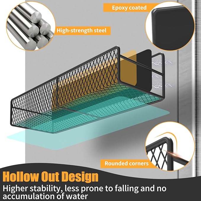 Magnetic Spice Rack for Refrigerator, 7 Pack 100% Metal Strong Magnet Shelf, Spice Organizer W/ Paper Towel Holder, Hook Rack, Utensil Caddy & Cutting Board Holder, Home Kitchen Organization (Black)