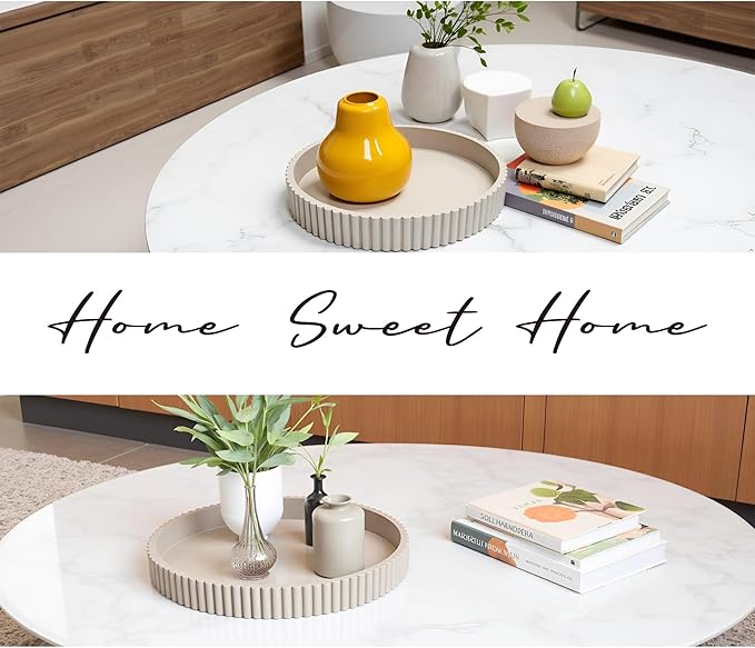 Modern Table Round Decorative Trays 2pcs Home Decor - Circle Coffee Table Centerpiece Set 12"/10" - Wooden Warm Grey Ottoman Tray with Fluted Edge