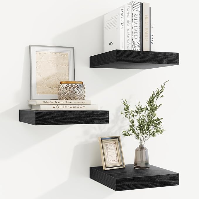 fuqing Floating Shelves for Wall, Wall Mounted Wood Floating Shelf with Invisible Brackets for Living Room, Bathroom, Bedroom, Kitchen Storage and Decor, 6.5 Inch Set of 3, Black