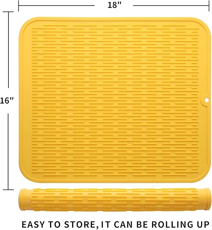MicoYang Silicone Dish Drying Mat for Multiple Usage,Easy clean,Eco-friendly,Heat-resistant Silicone Mat for Kitchen Counter or Sink,Refrigerator or Drawer Liner Yellow XL 18 inches x 16 inches