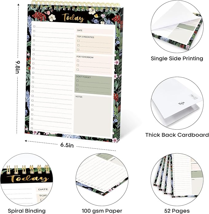 Taja To Do List Notepad - To Do List Notebook for Work with 52 Sheets, 9.8" x 6.5", Undated Daily Planner Perfect for Daily Tasks and Goal Setting, Notepad Suitable for Office, Home & School - Forest Bloom