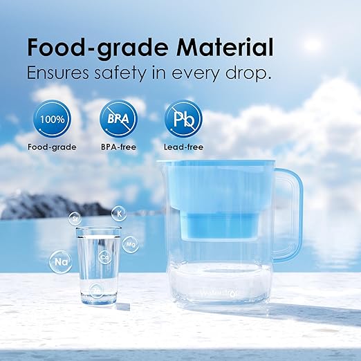 Waterdrop PT-07B-A Alkaline Water Filter Pitcher, 10-Cup, Healthy, Clean & Toxin-Free Mineralized Alkaline Water, Up to 100 Gallons, Improves Coffee Taste, Up to pH 9.5, BPA-Free, Blue