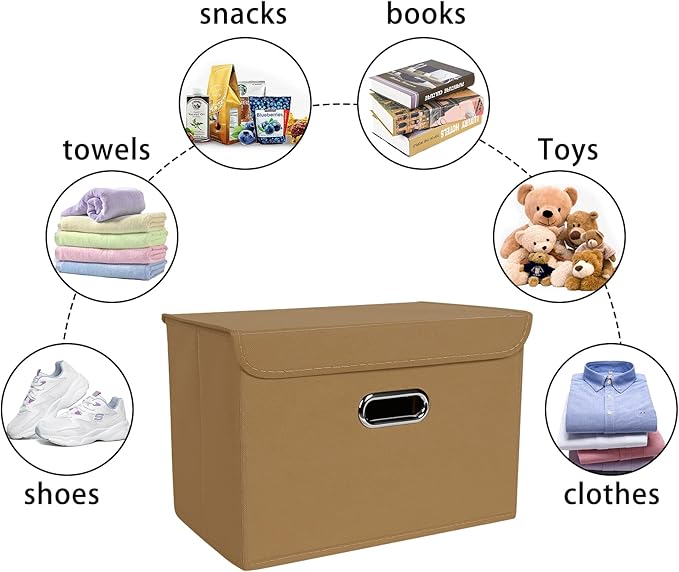 Linen Fabric Foldable Collapsible Storage Cube Bin Organizer Basket Fabric Storage Bins with Lid, Leather Handles, Removable Divider for Home, Closet, Khaki 3Pcs