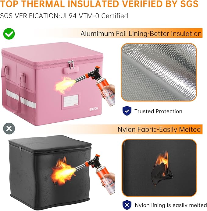 ENGPOW 5200°F File Box Fireproof Document Box with Lock, Heat Insulated Collapsible File Storage Organizer Box with Handle, Portable Home Office File Cabinet for Hanging Letter/Legal Size Folder, Pink