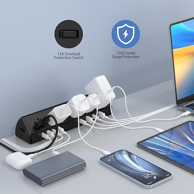 Jgstkcity Desk Clamp Power Strip, 45W Fast Charging Station, 4 USB-C, 4 USB-A, Desk Mount Surge Protector, 1875W Extension Cord with Multiple Outlets, ETL Listed, for Home Office Dorm Room