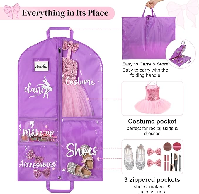 DEEKA Dance Garment Bag for Hanging Clothes with Zipper Pockets Dance Accessories Essentials Uniform Costume 40 Inch Dress Bags for Dance Competition Girls (Purple,White-Dance)