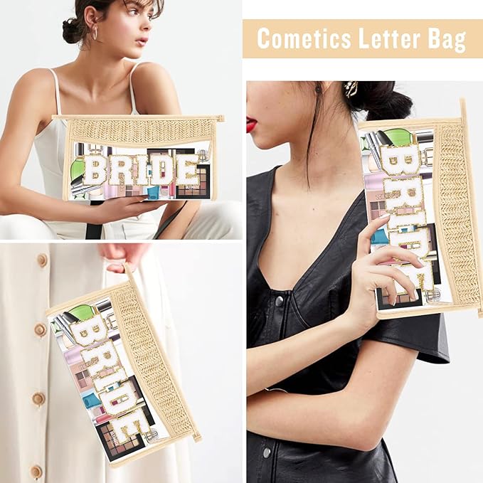 Boho Clear Makeup Letter Patch Makeup Bag BRIDE Pouch, Clear Toiletry Bag Travel Small Cute Chenille Letter Cosmetic Zipper Pouch Purse, Women Transparent Waterproof Glitter Wedding Make Up Bag(BRIDE)