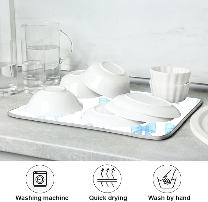 Blue Bow Ribbon Dish Drying Mat for Kitchen Countertop 18x24 Bowknot White Coquette Pattern Large Drying Mat Reusable Quick Dry Dish Sink Mats Easy Clean Decorative Essentials