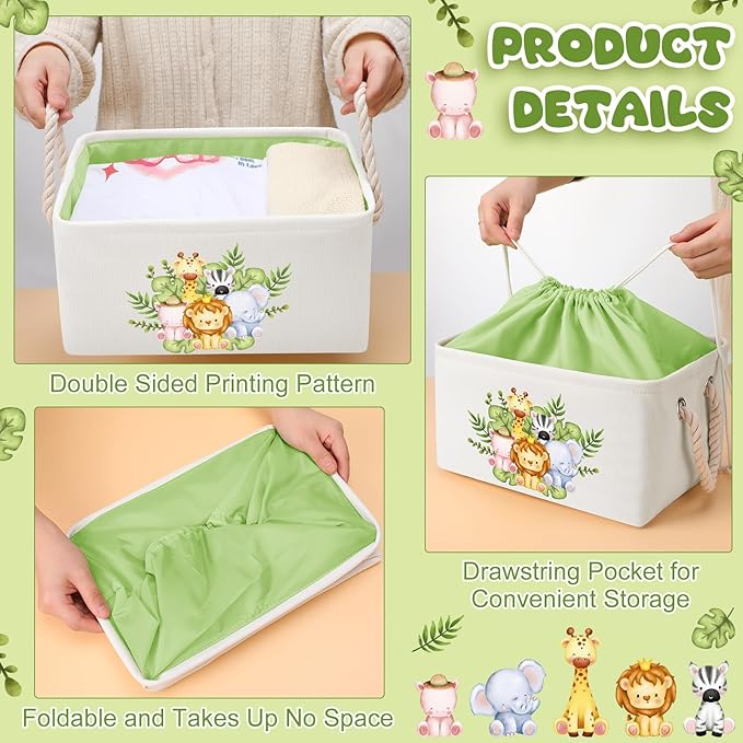 Pickmesh Baby Shower Storage Basket with Gift Bags Rectangular Ribbons Collapsible Canvas Storage Bin with Handles for Diaper Organizing Toy Home DIY Gift Basket, 13 x 9. 1 x 7. 1 Inch(Jungle Theme)
