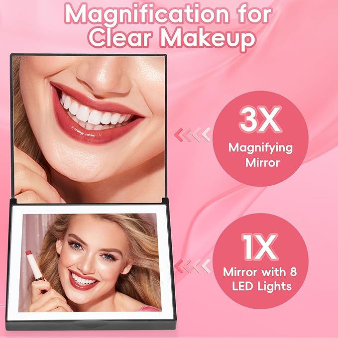 ALLROSE Compact Mirror, 1X/3X Magnifying Travel Mirror with Light Small Purse Mirror Pocket Mirror for Makeup, Mini LED Portable Handheld Makeup Mirror Travel Essentials Gifts for Women Girls, Black