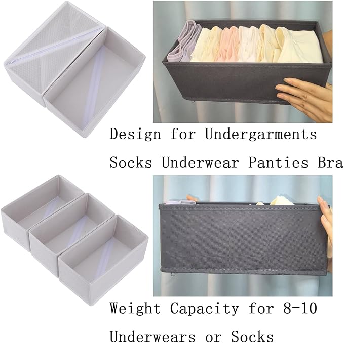 Socks Drawer Organizer Set of 3 Pack Raw White, 11' Small Fabric Underwear Dividers, Closet Cabinet Dresser Storage Boxes for Panties Bra Stockings Leggings